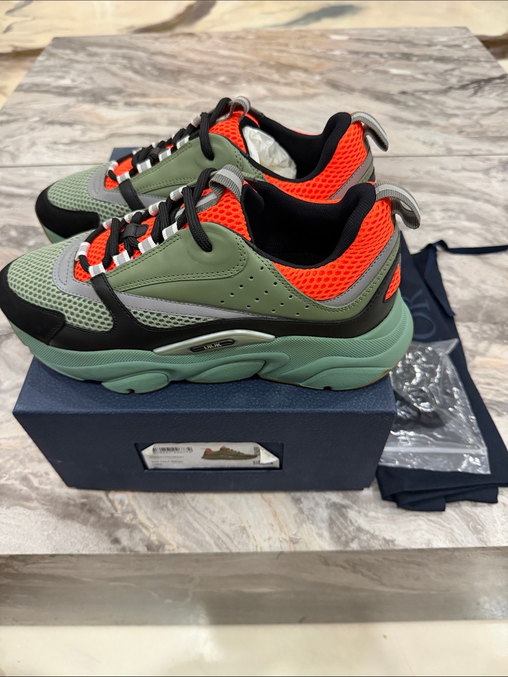 Authentic DIOR Men's B22 calfskin mesh Trainer in Olive Green and Bright Orange
